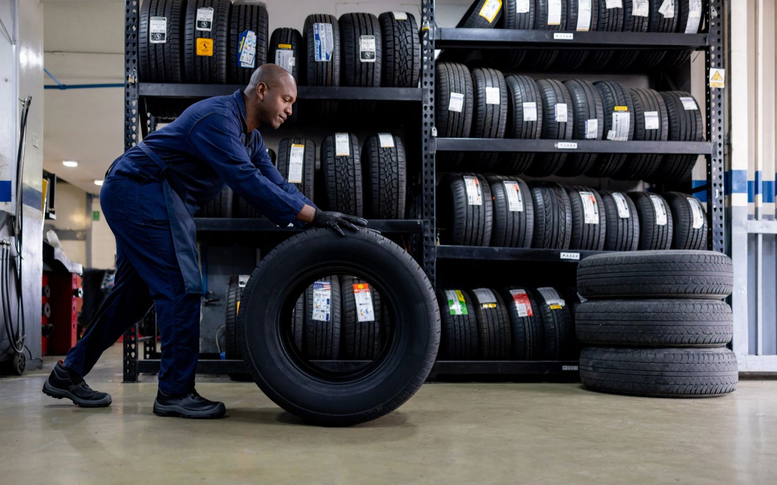 Tire shop worker moving a tire through shop inventory